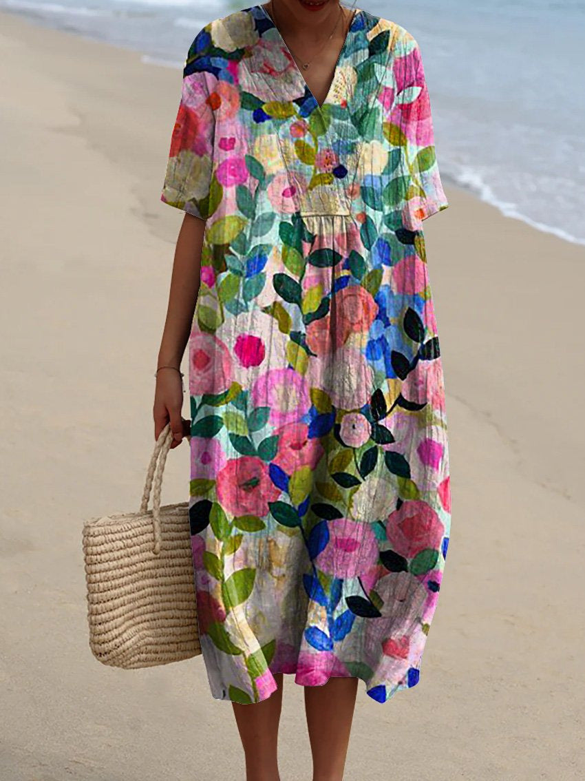 Women's Mediterranean Watercolor Floral V-Neck Linen Midi Dress with Pockets