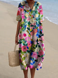 Women's Mediterranean Watercolor Floral V-Neck Linen Midi Dress with Pockets