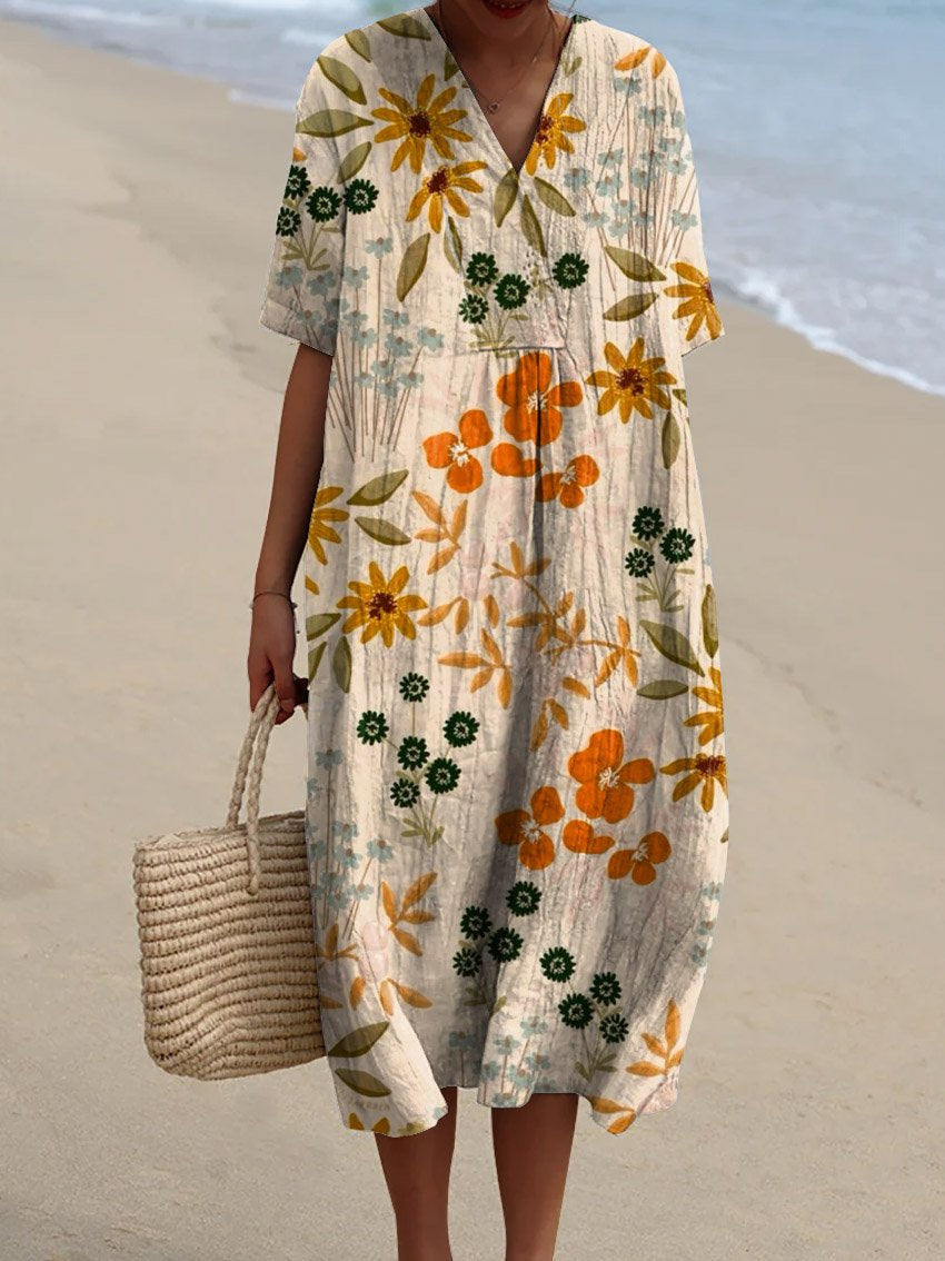 Women's Mediterranean Watercolor Floral V-Neck Linen Midi Dress with Pockets