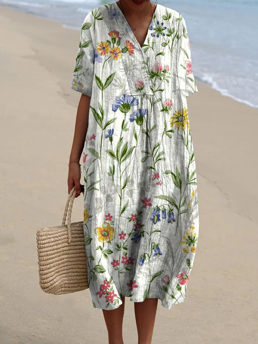 Women's Mediterranean Watercolor Floral V-Neck Linen Midi Dress with Pockets