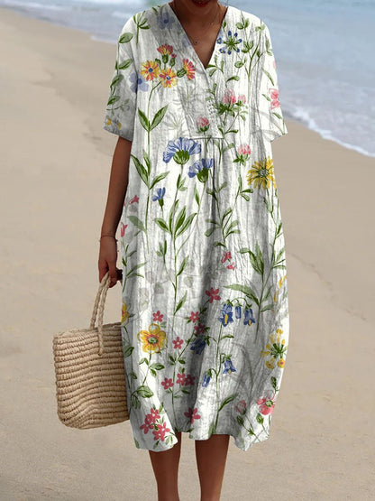 Women's Mediterranean Watercolor Floral V-Neck Linen Midi Dress with Pockets