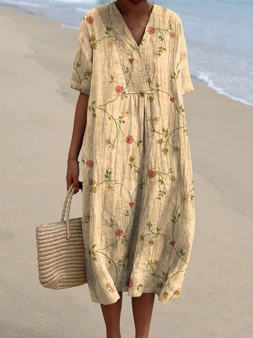 Women's Mediterranean Watercolor Floral V-Neck Linen Midi Dress with Pockets