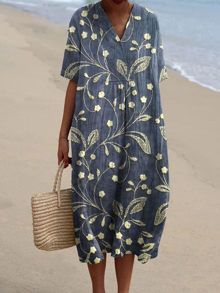 Women's Mediterranean Watercolor Floral V-Neck Linen Midi Dress with Pockets