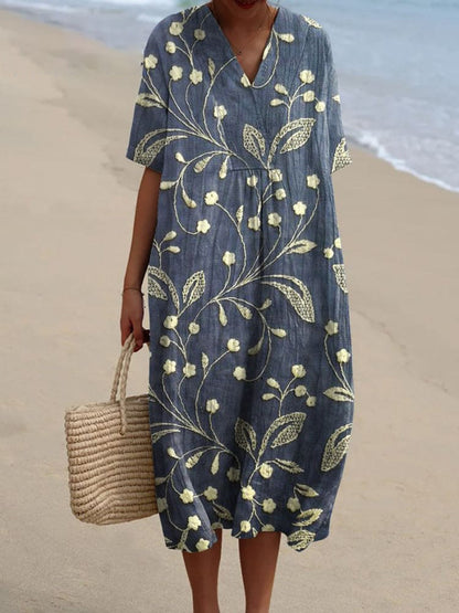 Women's Mediterranean Watercolor Floral V-Neck Linen Midi Dress with Pockets