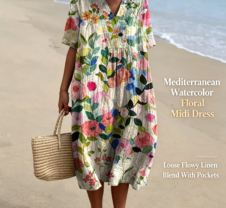 Women's Mediterranean Watercolor Floral V-Neck Linen Midi Dress with Pockets