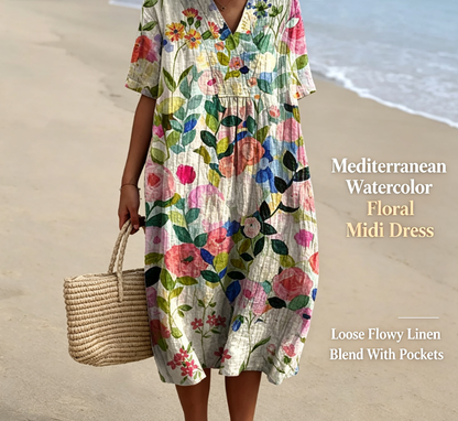 Women's Mediterranean Watercolor Floral V-Neck Linen Midi Dress with Pockets