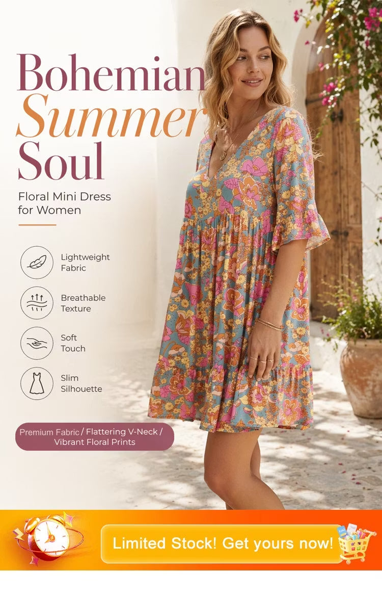 Vintage Floral V-Neck Ruffle Summer Mini Dress