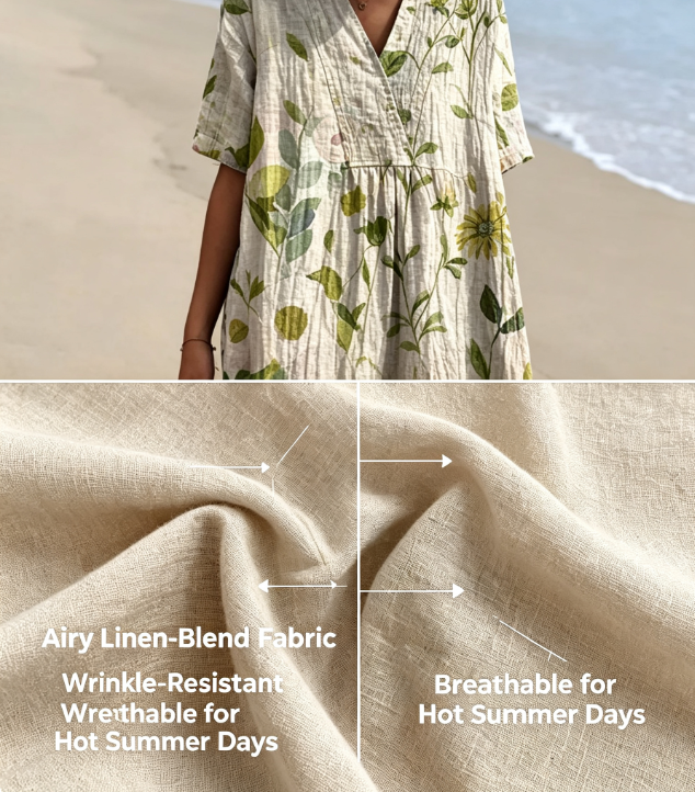 Women's Mediterranean Watercolor Floral V-Neck Linen Midi Dress with Pockets