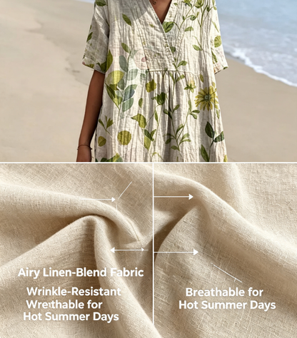 Women's Mediterranean Watercolor Floral V-Neck Linen Midi Dress with Pockets