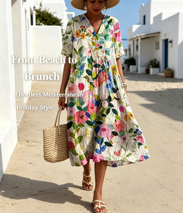 Women's Mediterranean Watercolor Floral V-Neck Linen Midi Dress with Pockets