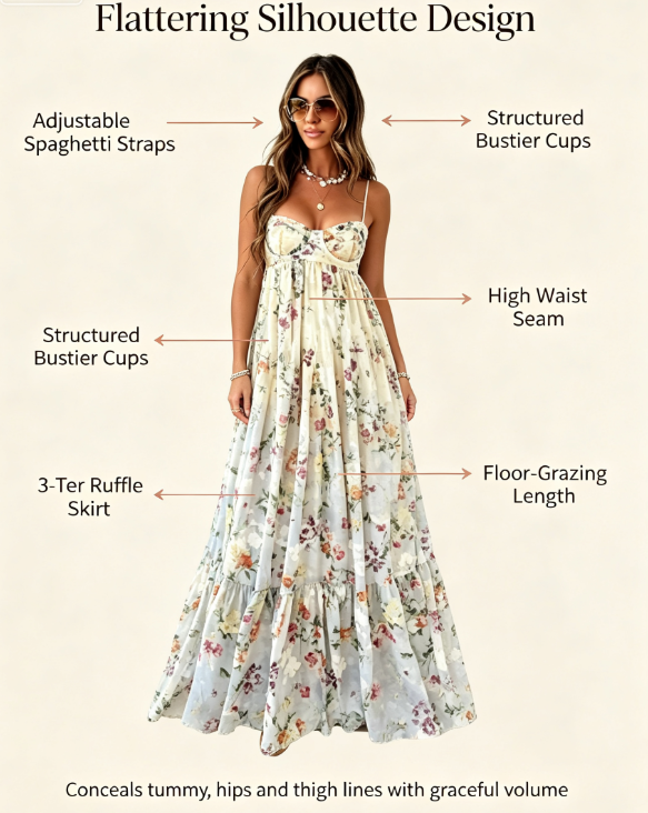 Vintage Floral Tiered Maxi Dress | Spaghetti Strap Bustier Vacation Flowy Long Dress
