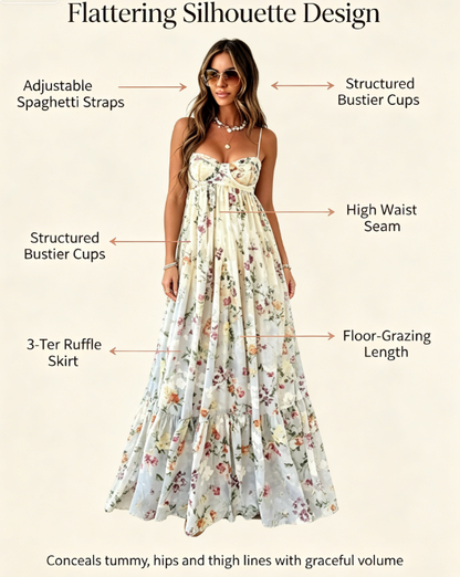 Vintage Floral Tiered Maxi Dress | Spaghetti Strap Bustier Vacation Flowy Long Dress