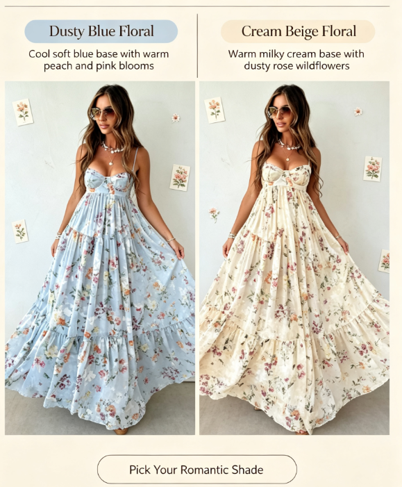 Vintage Floral Tiered Maxi Dress | Spaghetti Strap Bustier Vacation Flowy Long Dress