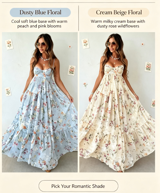 Vintage Floral Tiered Maxi Dress | Spaghetti Strap Bustier Vacation Flowy Long Dress