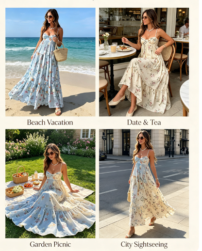 Vintage Floral Tiered Maxi Dress | Spaghetti Strap Bustier Vacation Flowy Long Dress