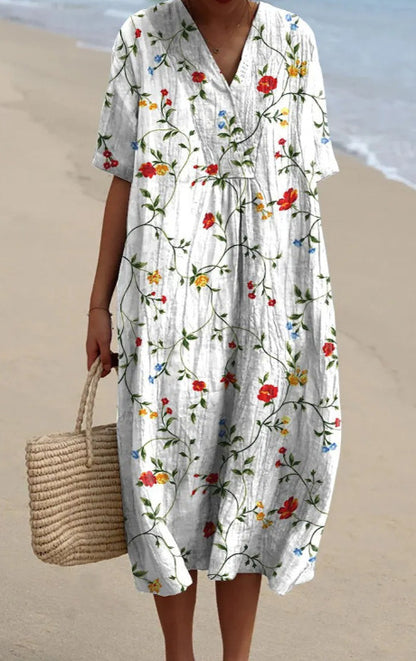 Women's Mediterranean Watercolor Floral V-Neck Linen Midi Dress with Pockets