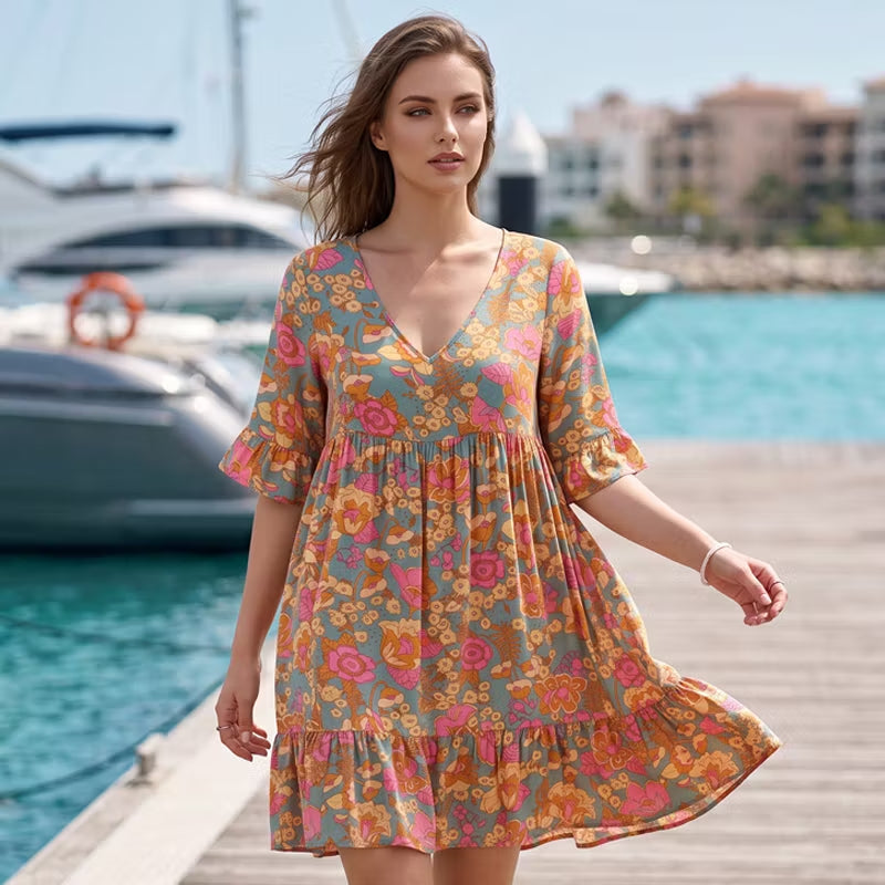Vintage Floral V-Neck Ruffle Summer Mini Dress
