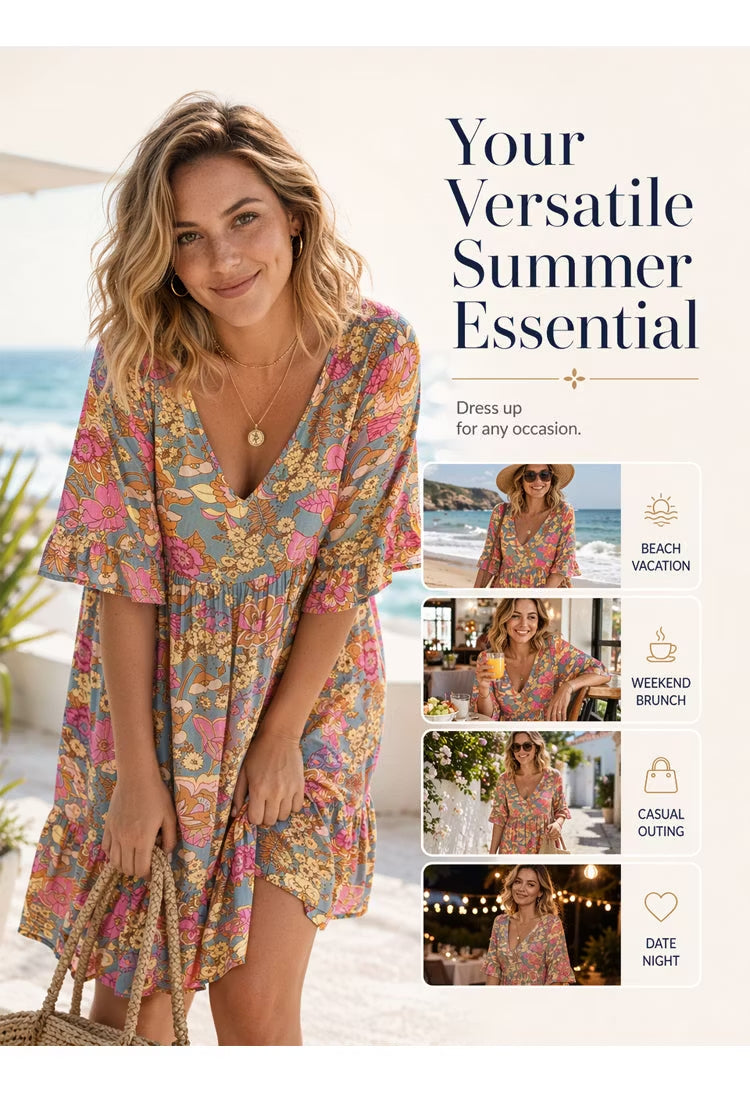 Vintage Floral V-Neck Ruffle Summer Mini Dress