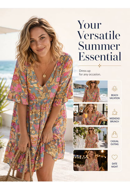Vintage Floral V-Neck Ruffle Summer Mini Dress