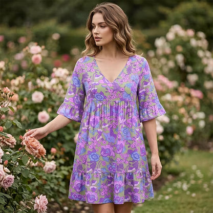 Vintage Floral V-Neck Ruffle Summer Mini Dress