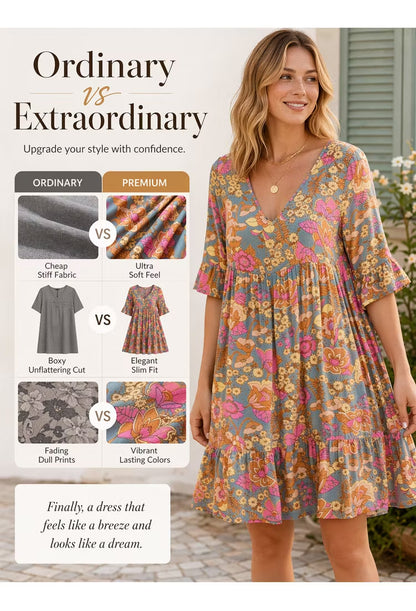 Vintage Floral V-Neck Ruffle Summer Mini Dress