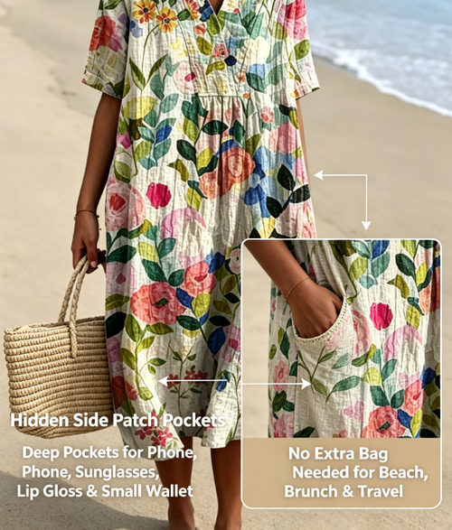 Women's Mediterranean Watercolor Floral V-Neck Linen Midi Dress with Pockets