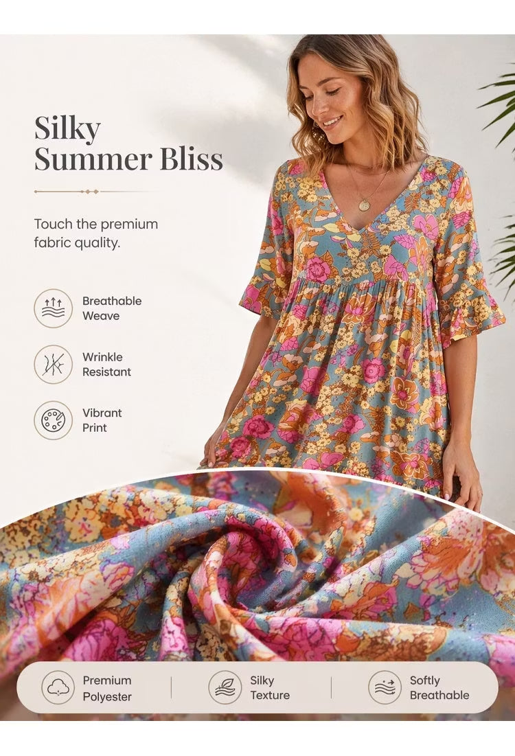 Vintage Floral V-Neck Ruffle Summer Mini Dress
