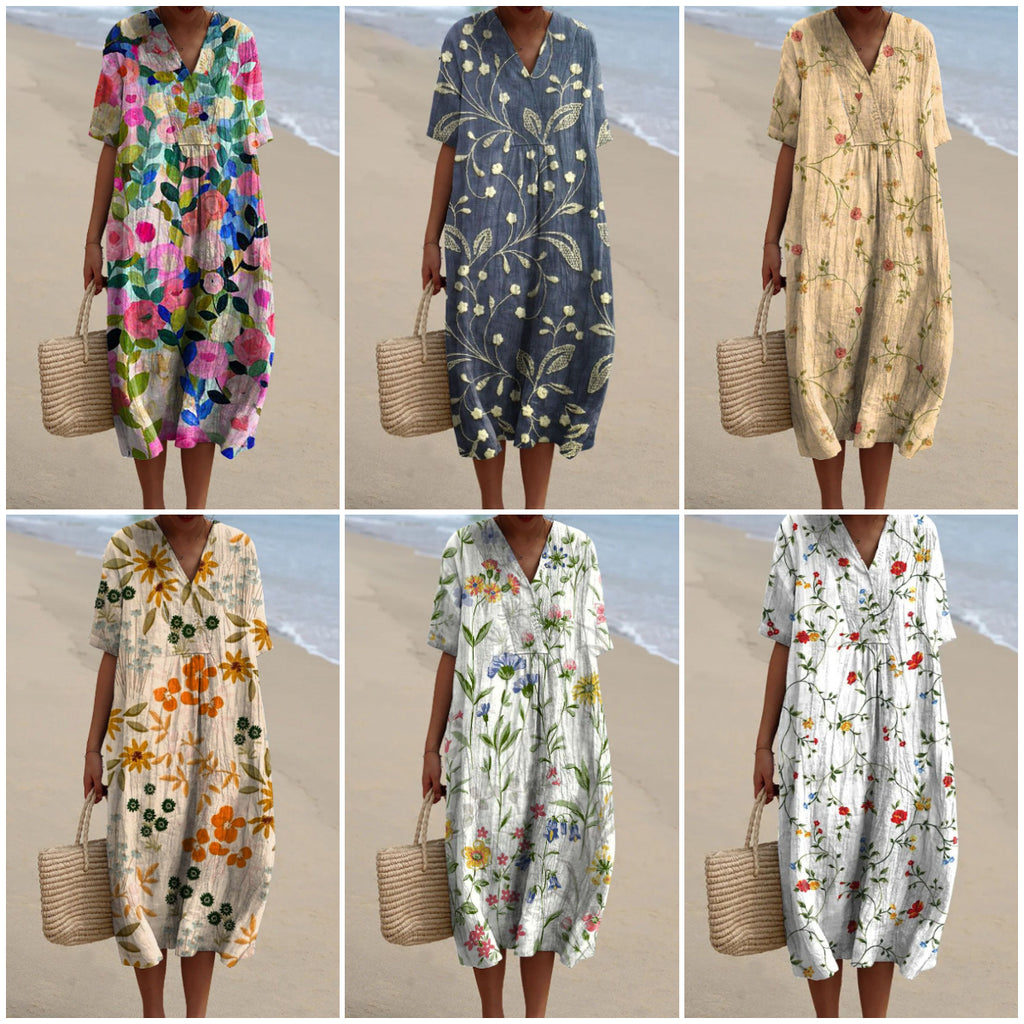 Women's Mediterranean Watercolor Floral V-Neck Linen Midi Dress with Pockets