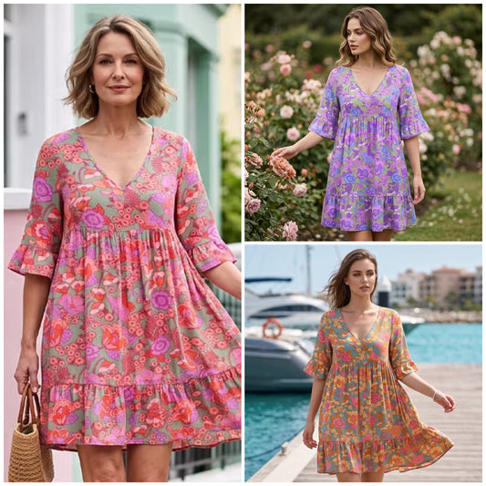 Vintage Floral V-Neck Ruffle Summer Mini Dress