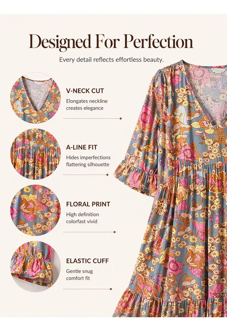 Vintage Floral V-Neck Ruffle Summer Mini Dress