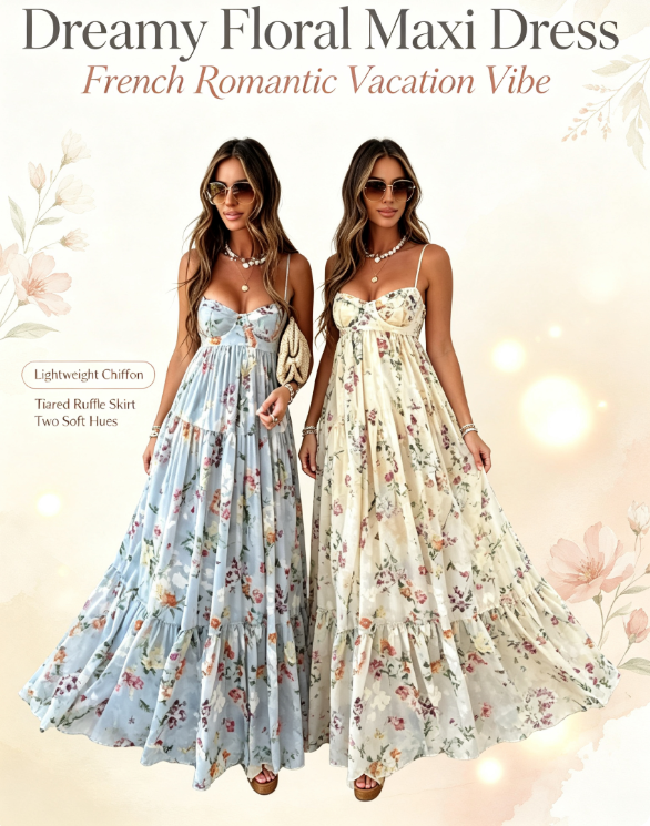 Vintage Floral Tiered Maxi Dress | Spaghetti Strap Bustier Vacation Flowy Long Dress
